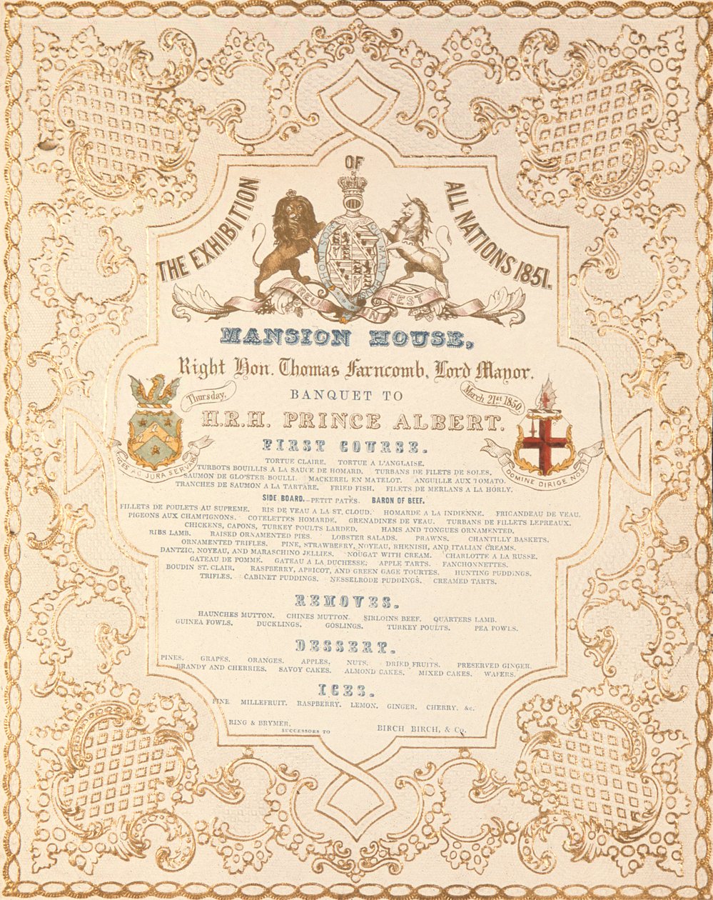 Meny med bankett for prins Albert i Mansion House, for å markere den store utstillingen for alle nasjoner, London, 1851 av English School