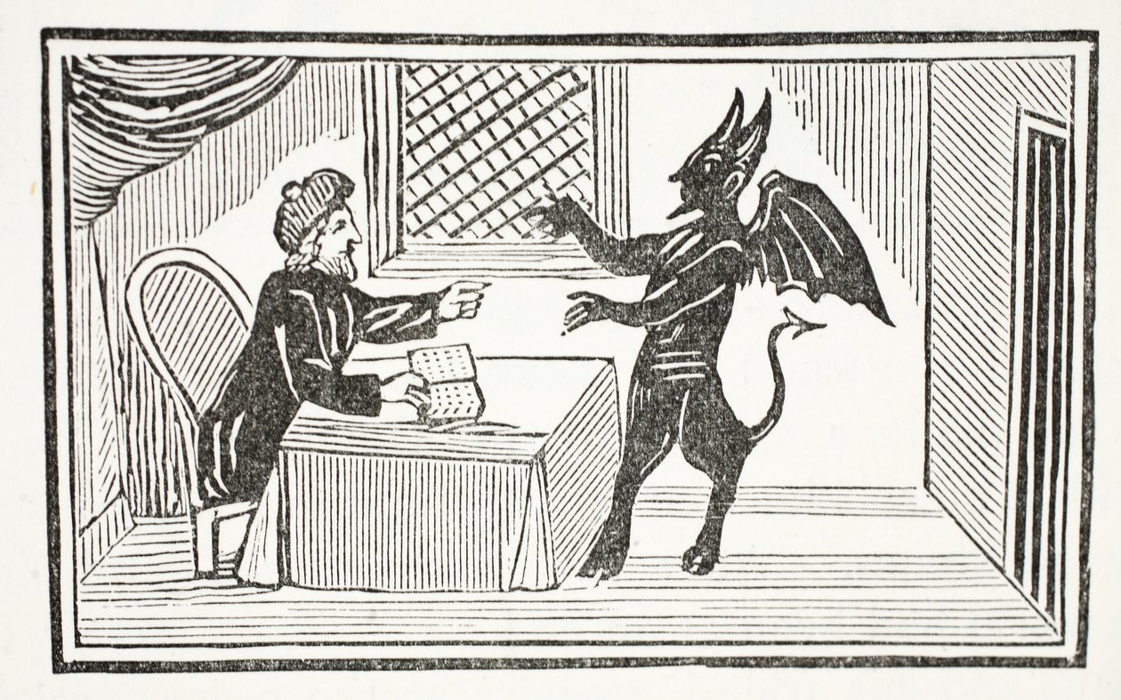 Mephistopheles kommer til Doctors house, illustrasjon fra Chap-books of the Eighteenth Century av John Ashton, pub. 1882 av English School