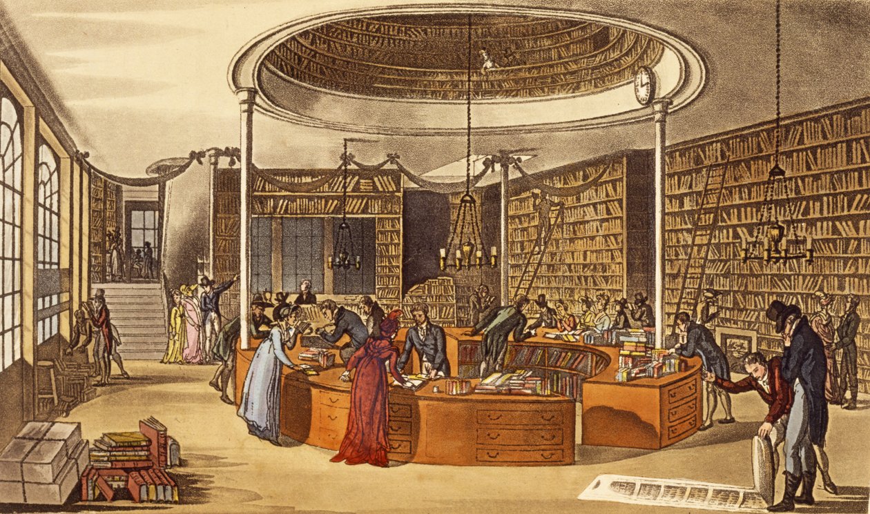 Mrs Lackington Allen and Co., 1809, Booksellers Temple of the Muses, Finsbury Square fra Ackermanns Repository of Arts, Literature, Commerce, Manufacture, Fashions and Politics, pub. 1809 (hånd-co av English School
