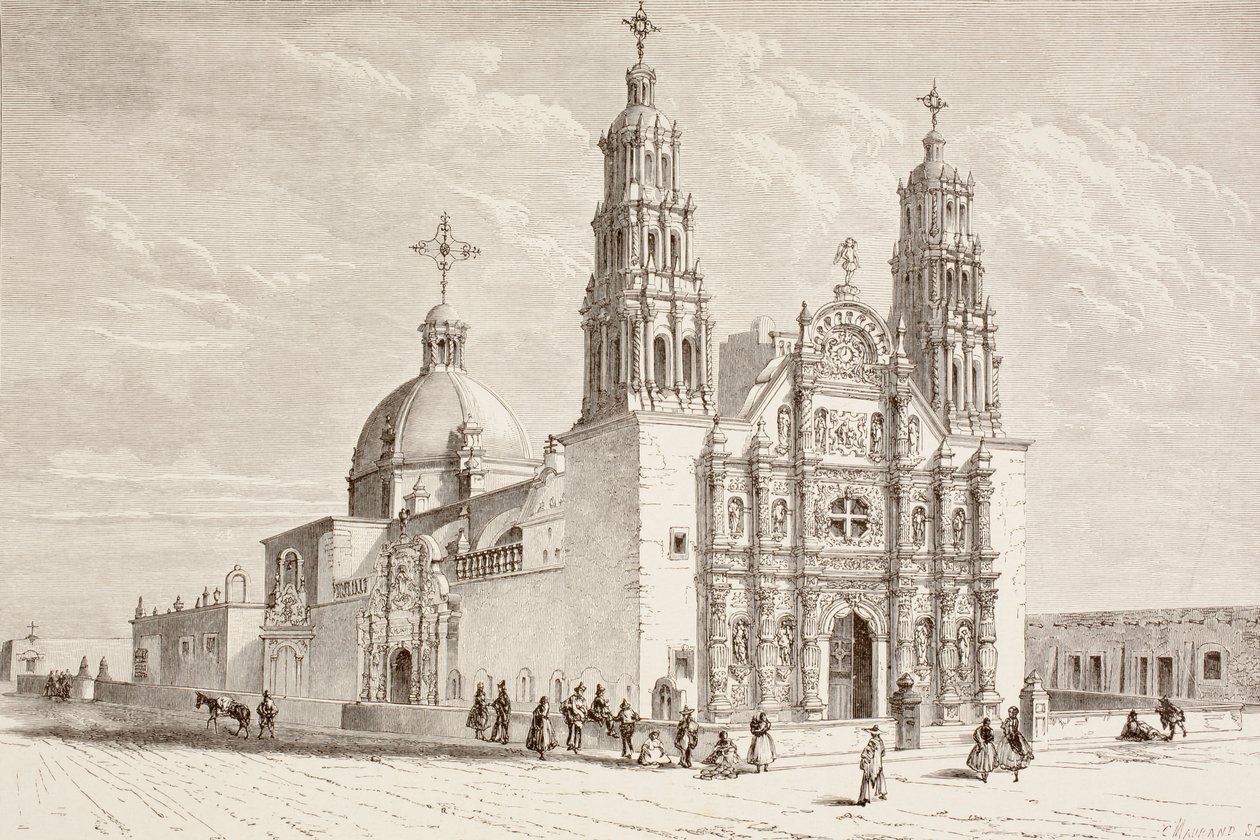 Metropolitan katedral i Plaza de Armas, Chihuahua, Mexico på det nittende århundre (litho) av English School