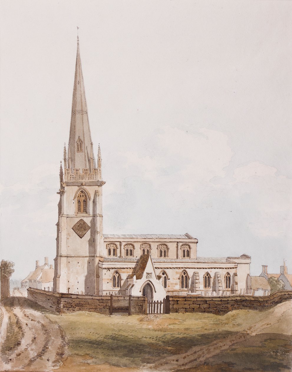 Middleton Cheney, sørutsikt over kirken, ca. 1820 (blekk og wc på papir) av English School