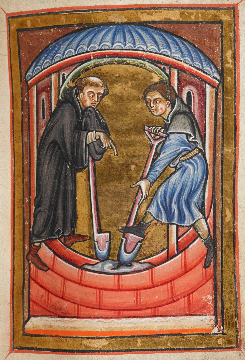 Miniatyr av Cuthbert som graver en vanngrop med en munk for sin eremitage på øya Farne, fra kapittel 18 i Bedes prosa Life of St Cuthbert. av English School