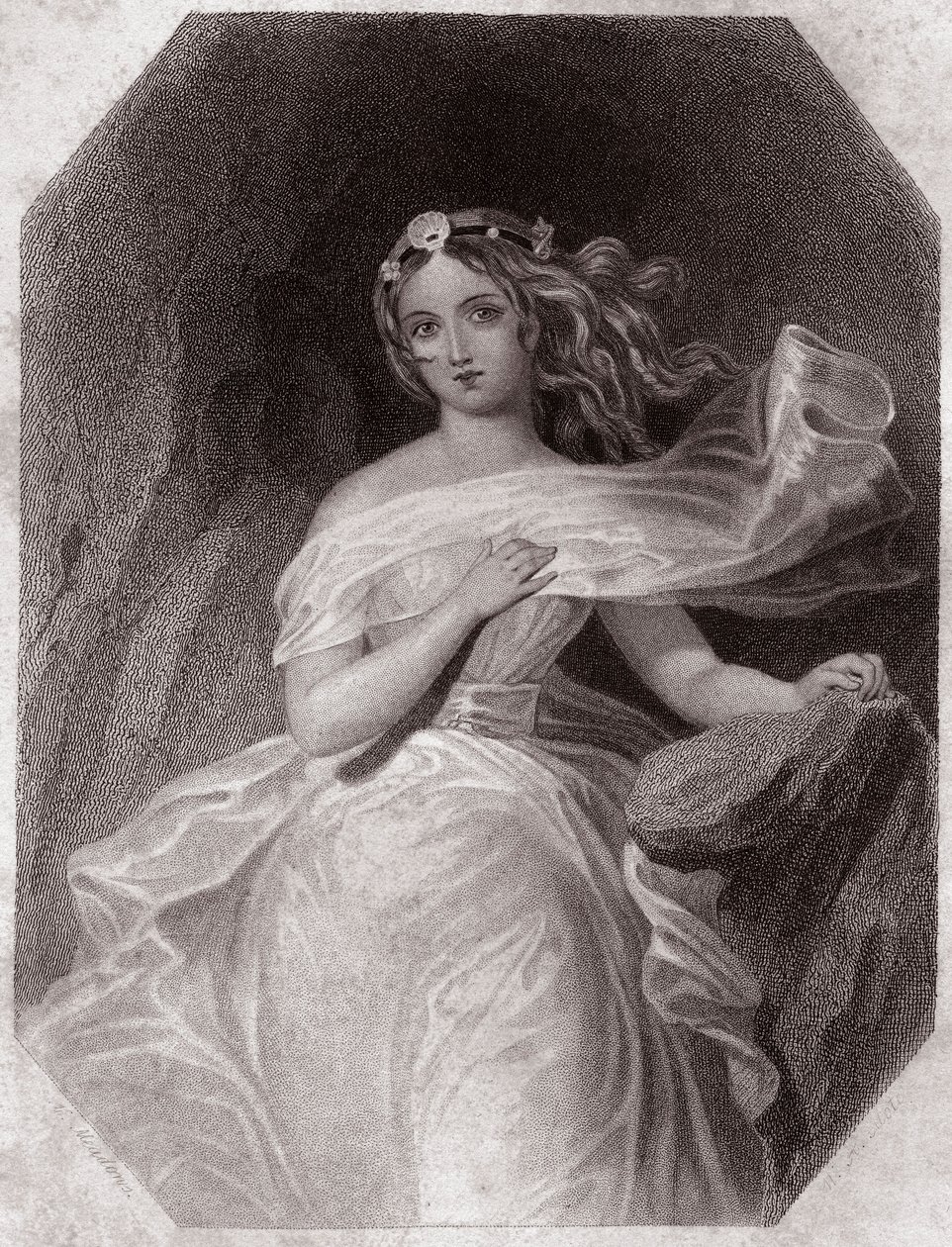 Miranda (The Tempest - La Tempete) i - "" Galerie des femmes de Shakespeare, samling av førtifem seriøse portretter av de første kunstnerne i London, beriket med kritiske og litterære merknader""" rundt 1838 - fra "" Gallery of the women av Shakespeare, av English School