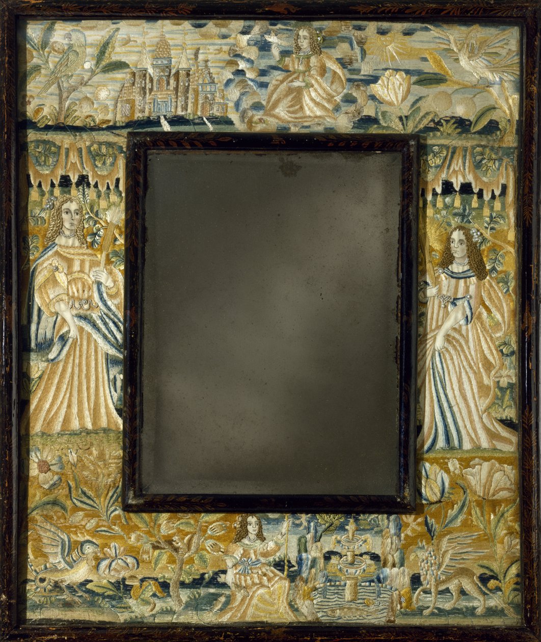 Speil med forhøyet arbeidsbroderi, ca. 1650-1700 (perler, metallisk vrang, blonder, silke, lin, tre, glass) av English School