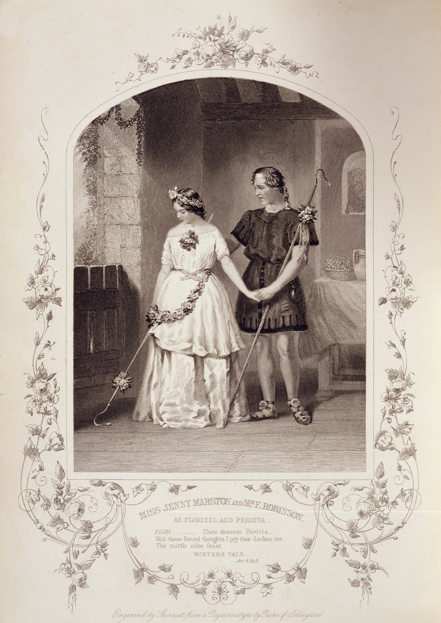 Frøken Jenny Marston som Perdita og Mr F. Robinson som Florizel, akt IV Scene 3, i The Winters Tale av William Shakespeare (1564-1616) gravert av Thomas Sherratt (fl.1860-80) fra en daguerreotypi av Pa av English School