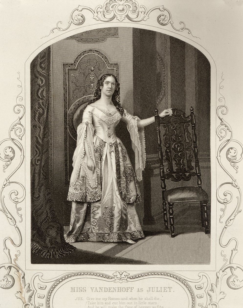 Frøken Vandenhoff som Juliet, akt III Scene 1 av Romeo og Julie, fra en daguerreotypi, pub. av John Tallis & Co. av English School