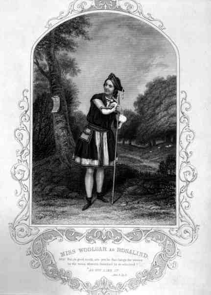 Miss Woolgar som Rosalind, Act III Scene 2, i As You Like it, av William Shakespeare (1564-1616) (gravering) av English School