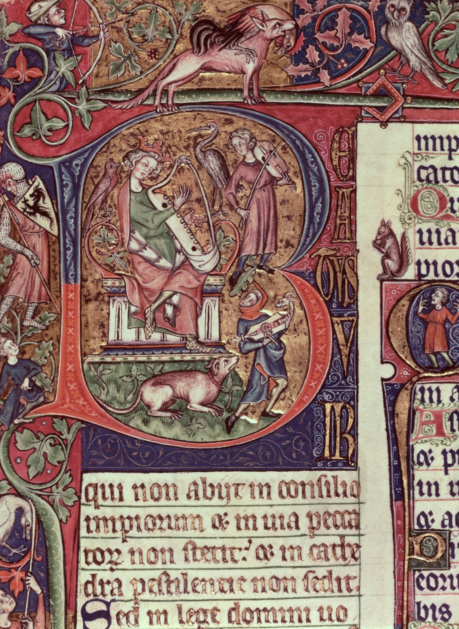 Mms 9961-2 Historiert initial B fra Peterborough Psalter som viser kong David som spiller harpe, engelsk, (ca. 1310-20) av English School