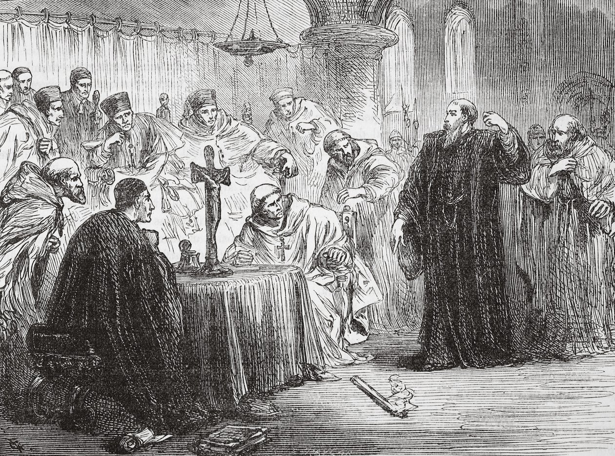 Mollio kaster ned fakkelen før inkvisisjonen, illustrasjon fra The History of Protestantism av James Aitken Wylie (1808-1890), pub. 1878 av English School