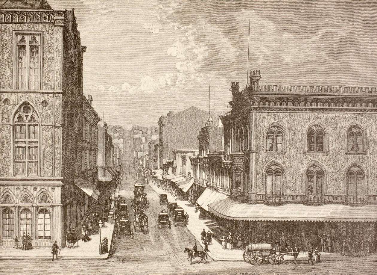 Montgomery Street, San Francisco på 1880-tallet (litho) av English School