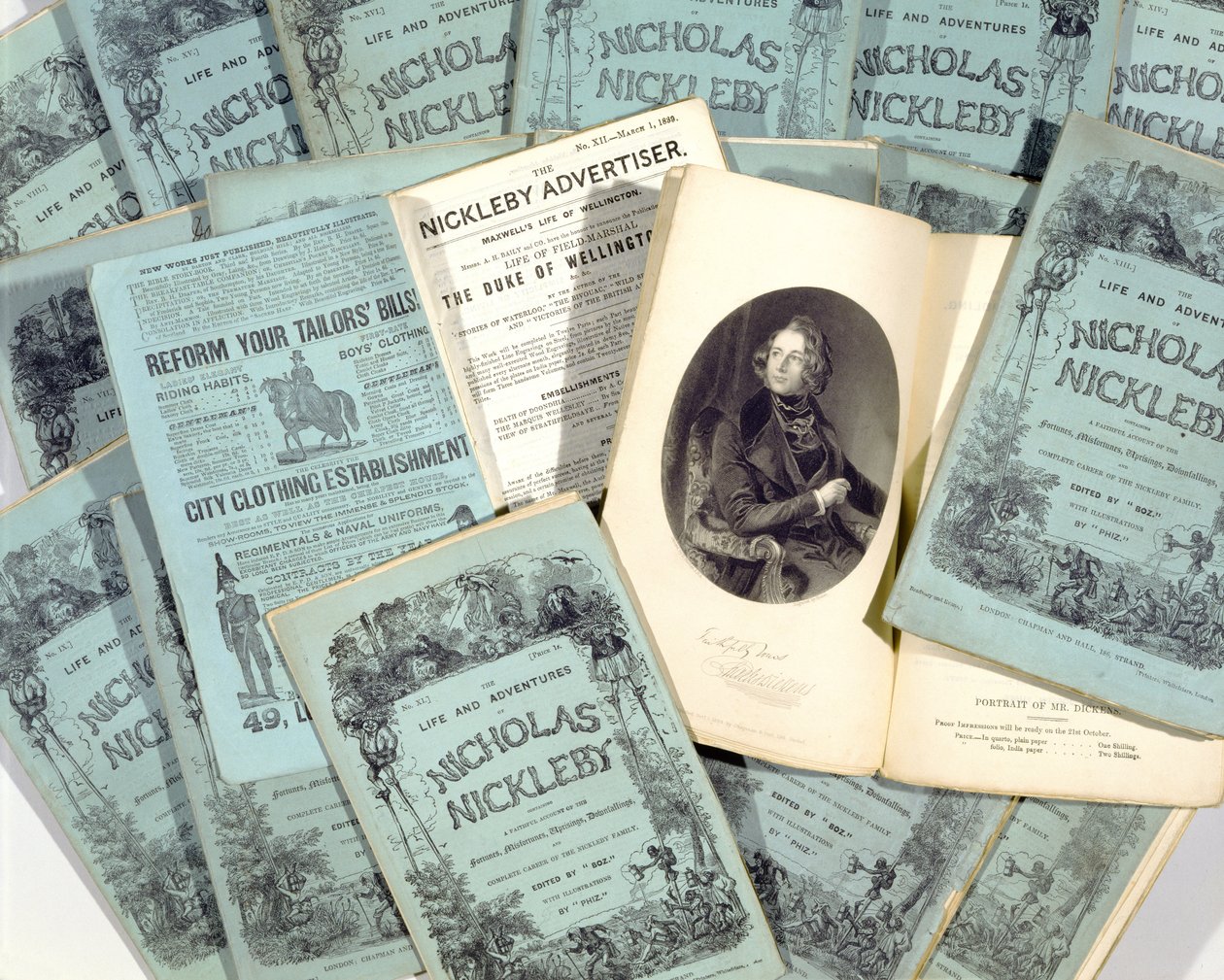 Monthly Issues of The Life and Adventures of Nicholas Nickleby av Charles Dickens (1812-70), utgitt i 1839 (se 136076) av English School