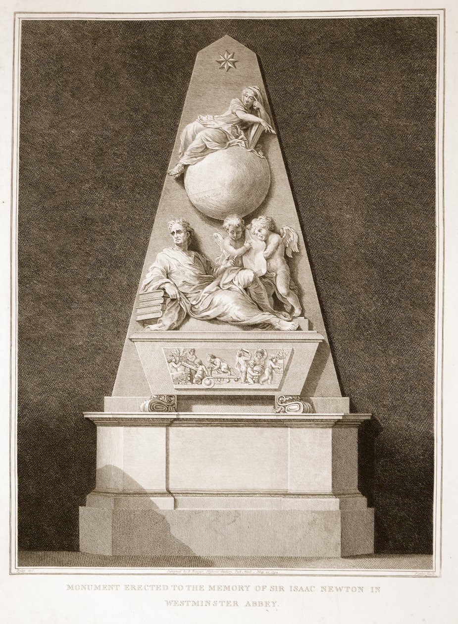 Monument reist til minne om Sir Isaac Newton i Westminster Abbey, illustrasjon fra David Humes The History of England, pub. av R. Bowyer, London, 1812 av English School