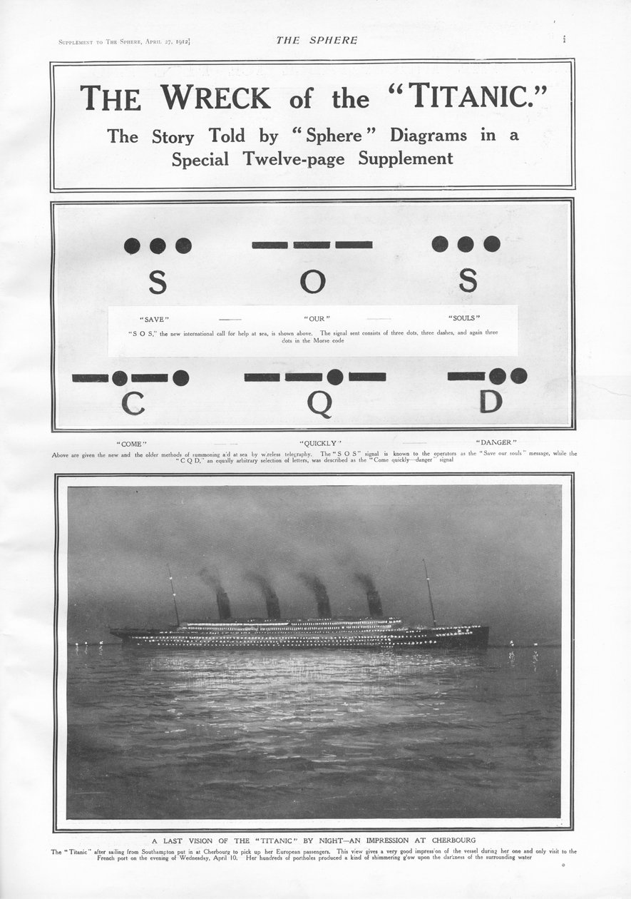 Morsekodesignaler og illustrasjon av dampskipet som la til kai ved Cherbourg om natten, fra The Sphere, 27. april 1912 av English School