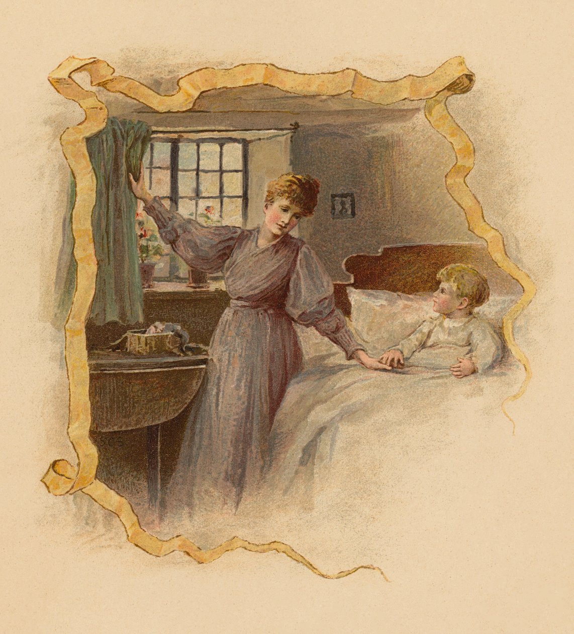 Mor vekker sønnen sin om morgenen (kromolitho) av English School