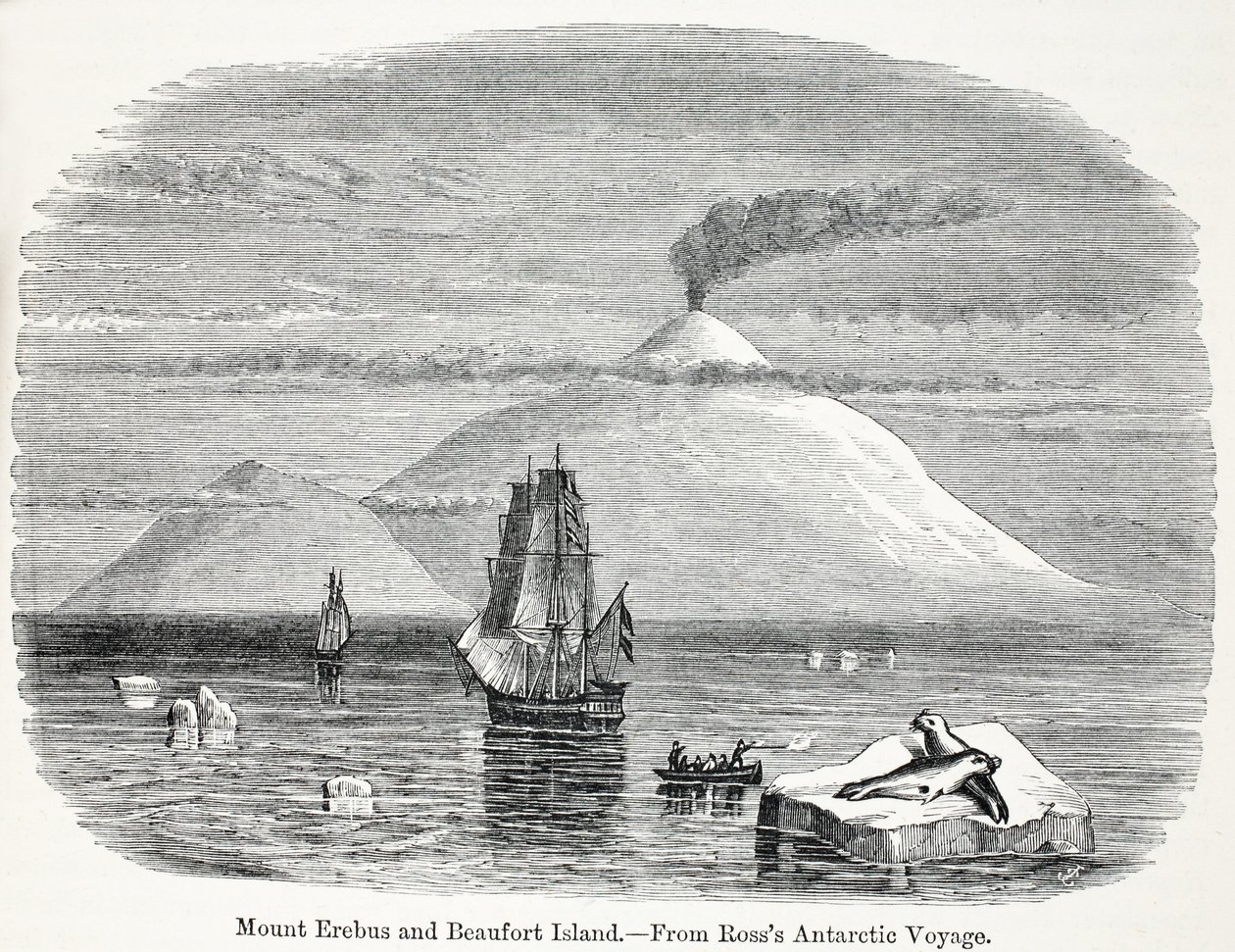 Mount Erebus og Beaufort Island fra Rosss Antarctic Voyage av English School