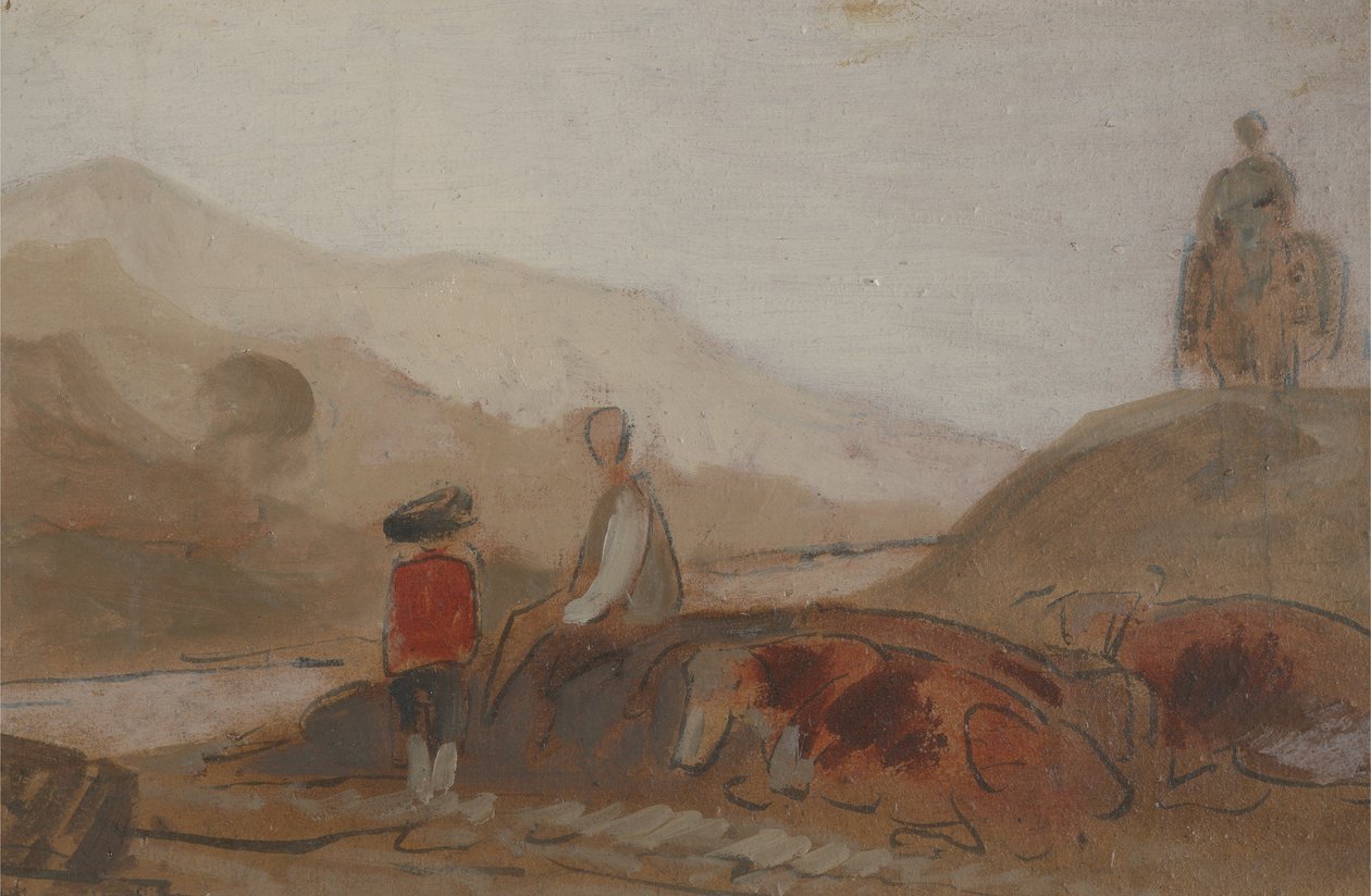 Fjelllandskap med figur ved en innsjø (En mann som sitter ved en innsjø midt i fjellene), tidligere tilskrevet JMW Turner (1775-1851) og også tilskrevet Peter de Wint (1784-1849), 1825-30 (olje) av English School