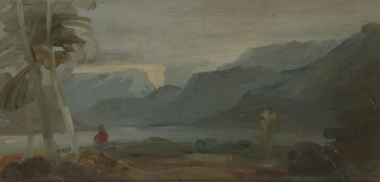 Fjelllandskap med figurer og storfe, tidligere tilskrevet JMW Turner (1775-1851) og også tilskrevet Peter de Wint (1784-1849), 1806-07 (olje på papir) av English School