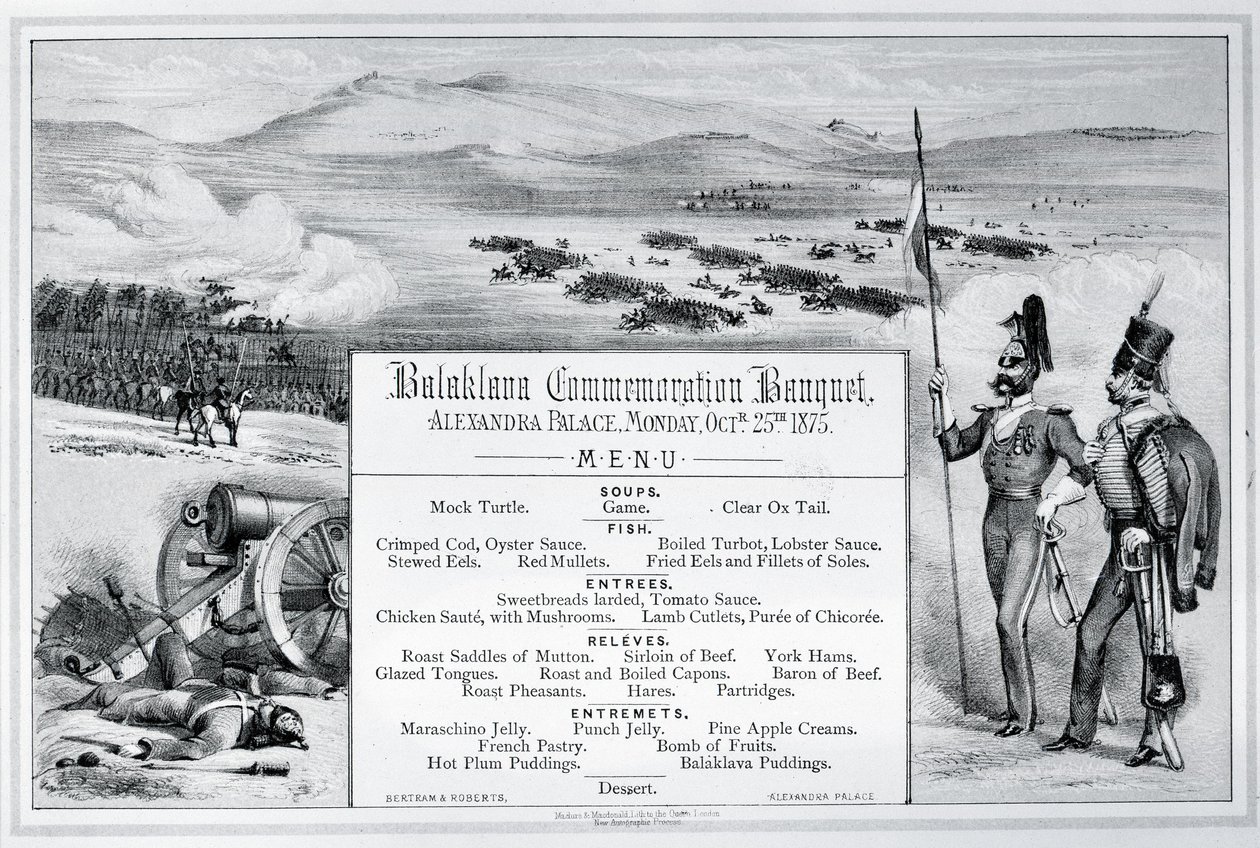 Montert illustrert meny for Balaklava minnesbanketten holdt på Alexandra Palace, 25. oktober 1875 (gravering) av English School