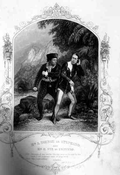 Mr A. Younge som Stephano og Mr N. Hye som Trinculo, Act III Scene 2, i The Tempest, av William Shakespeare (1564-1616) gravering av G. Greatbach fra en daguerreotypi av J.P. Mayall (1810-1901) (gravering) av English School