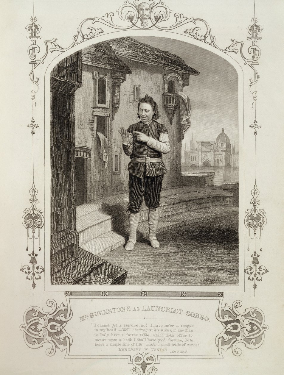 Mr Buckstone som Lancelot Gobbo, Act II Scene 2, i The Merchant of Venice av William Shakespeare (1564-1616) av English School