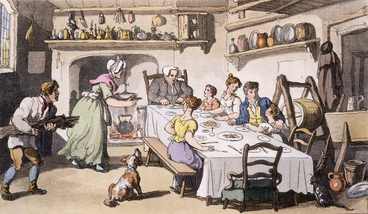 Mr Burchells første besøk, pub. Ackermanns Repository of Arts, London, 1817 (håndfarget gravering) av English School