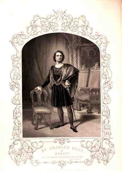 Mr Charles Kean som Hamlet, Act III Scene 2, i stykket av William Shakespeare (1564-1616) fra en daguerreotypi av Paine of Islington (gravering) av English School