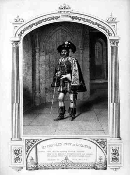Mr Charles Pitt som Gloster, Act V Scene VI, i Henry VI (Del 3) av William Shakespeare (1564-1616) gravert av Thomas Sherratt (fl.1860-80) fra en daguerreotypi av Paine (gravering) av English School