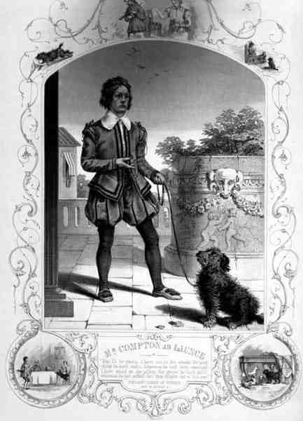 Mr Compton som Lance, Act IV Scene II, i Two Gentlemen of Verona, av William Shakespeare (1564-1616) (gravering) av English School