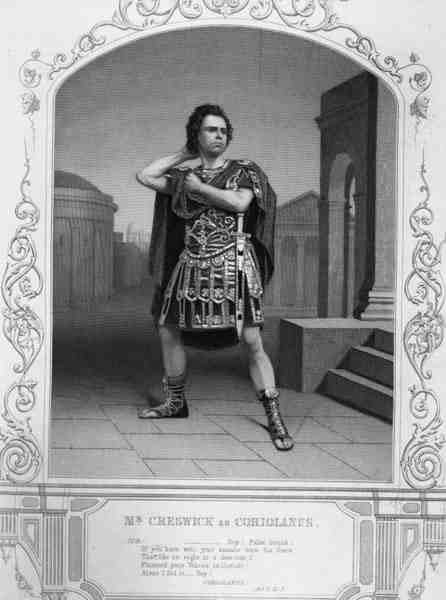 Mr Creswick som Coriolanus, Act V Scene 5, i stykket av William Shakespeare (1564-1616) (gravering) av English School
