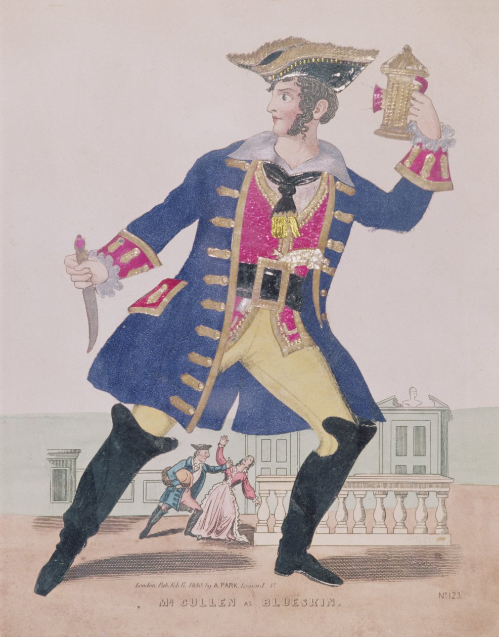 Mr. Cullen i rollen som Blueskin (Bluebeard), pub. 1810 (gravering og collage) av English School