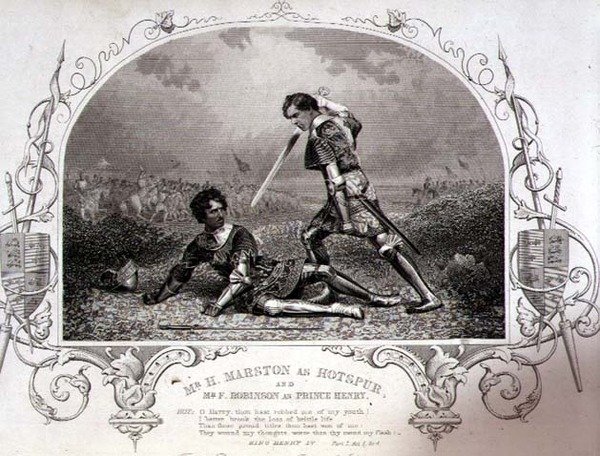 Mr. H. Marston som Hotspur og Mr. F. Robinson som Prince Henry, Act V Scene 4 fra Henry IV (Del I) fra en daguerrotypi av Paine of Islington, pub. av John Tallis & Co. (litho) av English School