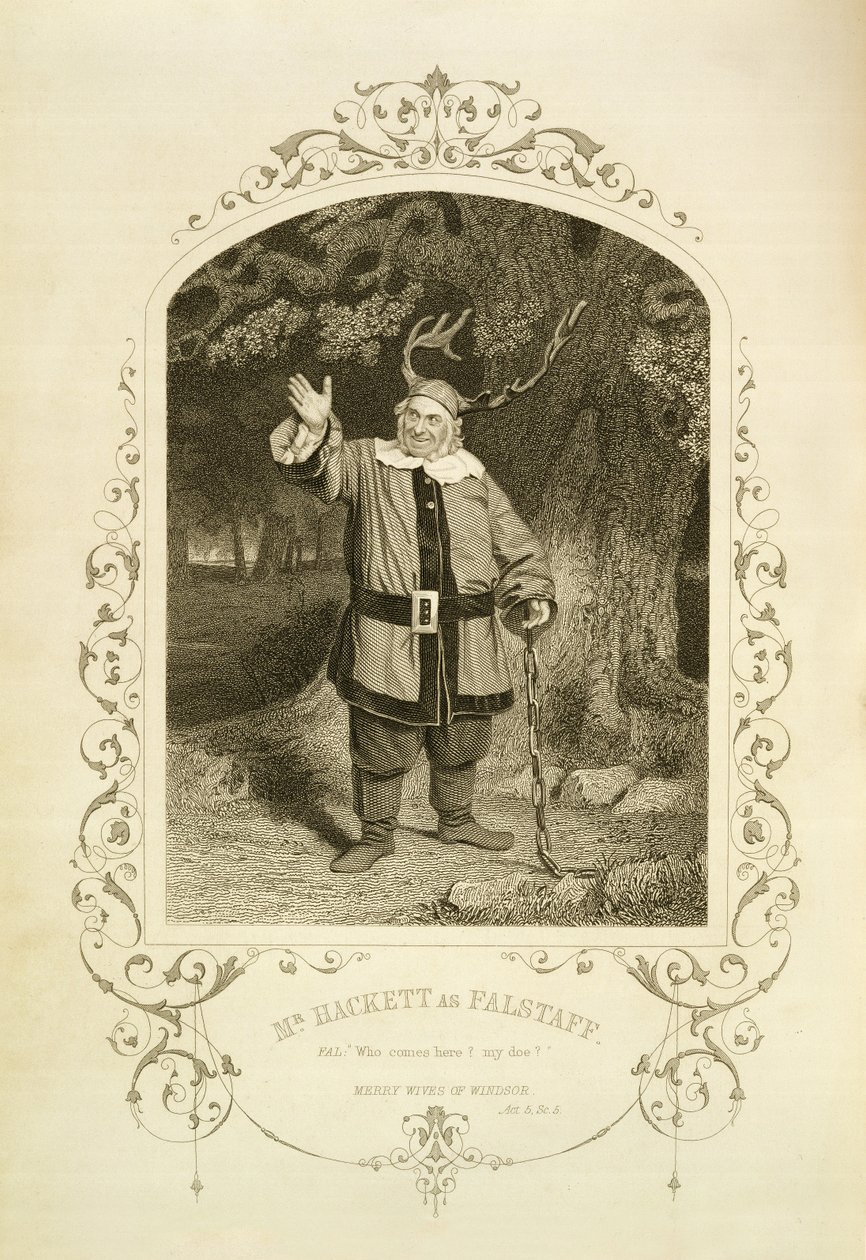 Mr Hackett som Falstaff, Act V Scene 5, i The Merry Wives of Windsor av William Shakespeare (1564-1616) gravert av George Hollis (1792-1842) fra en daguerreotypi av J.P. Mayall (1810-1901) (gravering) av English School