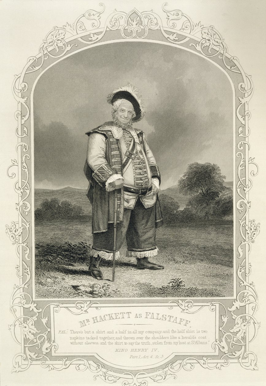 Mr Hackett som Falstaff, i Henry IV (Del 1) Act IV Scene 3, av William Shakespeare (1564-1616) av English School