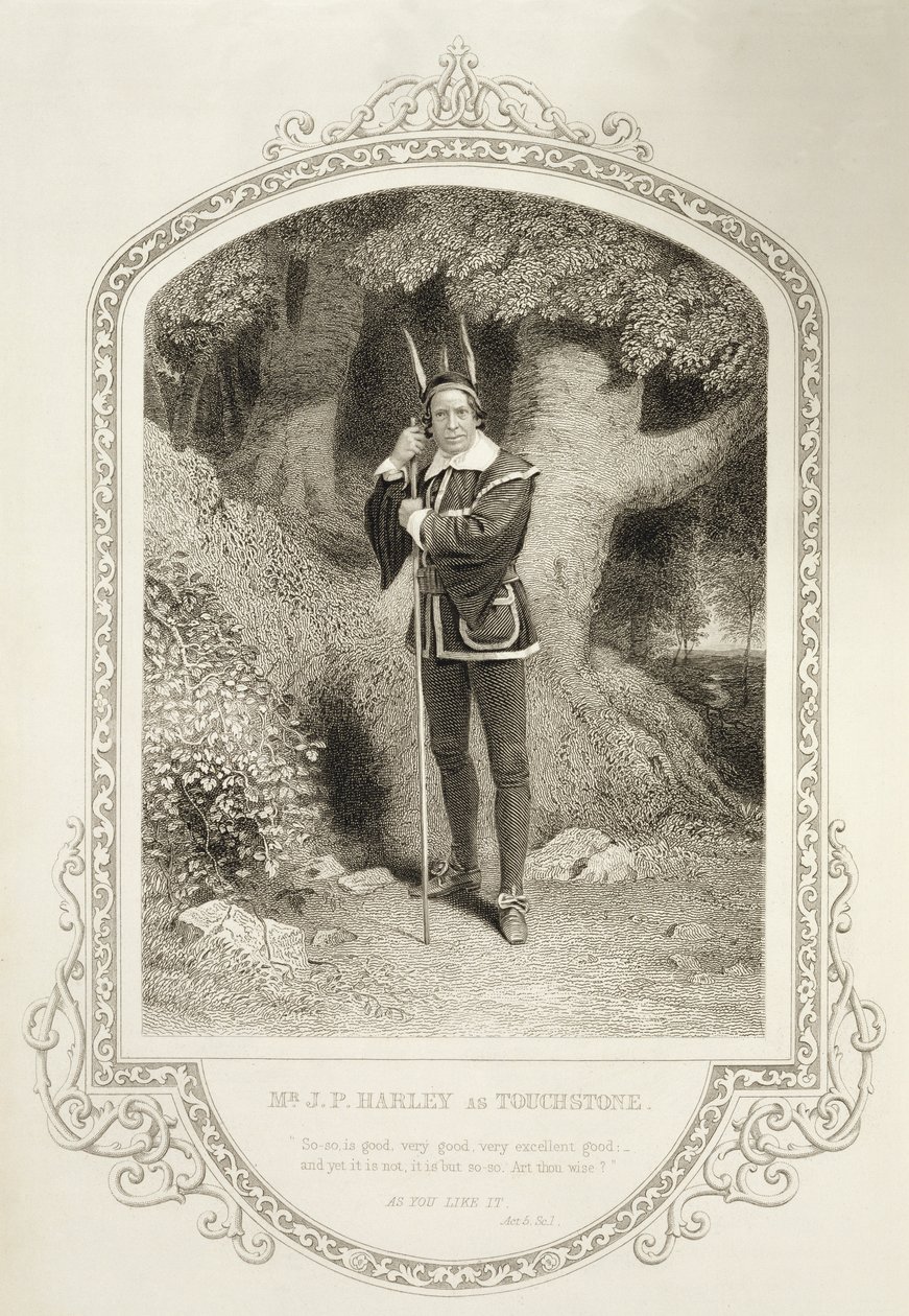 Mr J.P. Harley som Touchstone, Act V Scene 1, i As You Like it av William Shakespeare (1564-1616) gravert av George Hollis (1792-1842) fra en daguerreotypi av J.P. Mayall (1810-1901) av English School