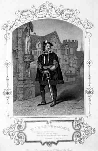Mr J.W. Wallack as Gloster, Act I Scene 1, i Richard III, av William Shakespeare (1564-1616) fra en daguerreotypi av P. Hals fra New York (gravering) av English School