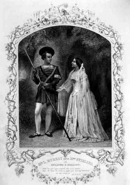 Mr L. Murray som Orlando og Mrs Stirling som Rosalind, Act V Scene 4, i As You Like it av William Shakespeare (1564-1616) (gravering) av English School
