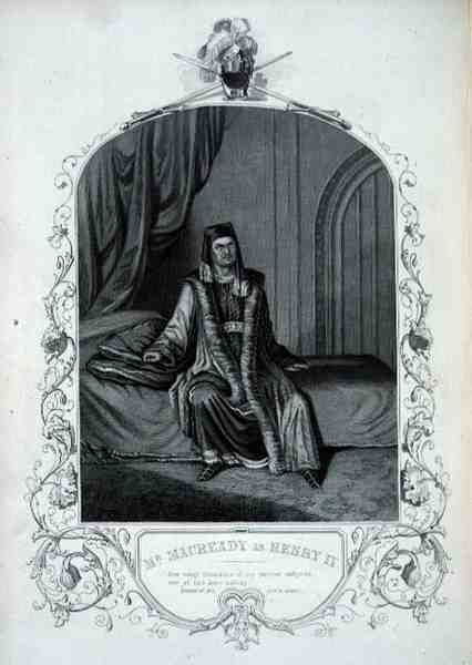 Mr Macready som Henry IV, Act III Scene 1, i Henry IV av William Shakespeare (1564-1616) (gravering) av English School