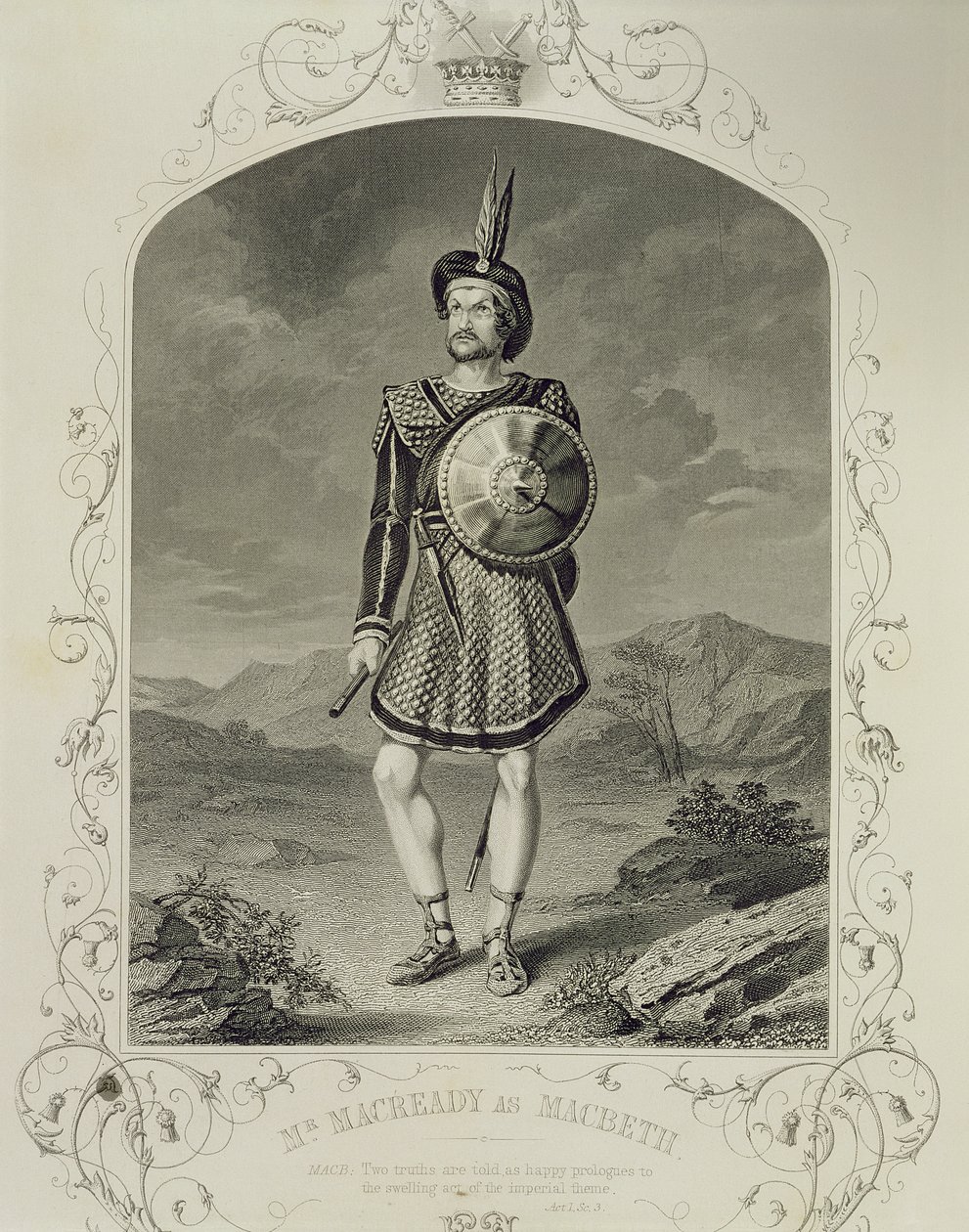 Mr Macready som Macbeth, Act I Scene 3, i stykket av William Shakespeare (1564-1616) av English School