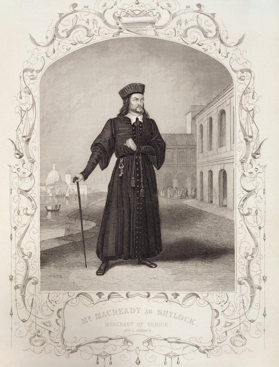 Mr Macready som Shylock, Act I Scene 3, i The Merchant of Venice av William Shakespeare (1564-1616) av English School
