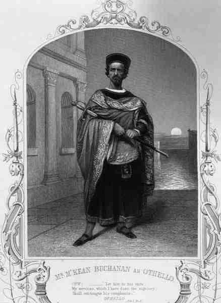 Mr McKean Buchanan som Othello, Act I Scene 2, i stykket av William Shakespeare (1564-1616) (gravering) av English School