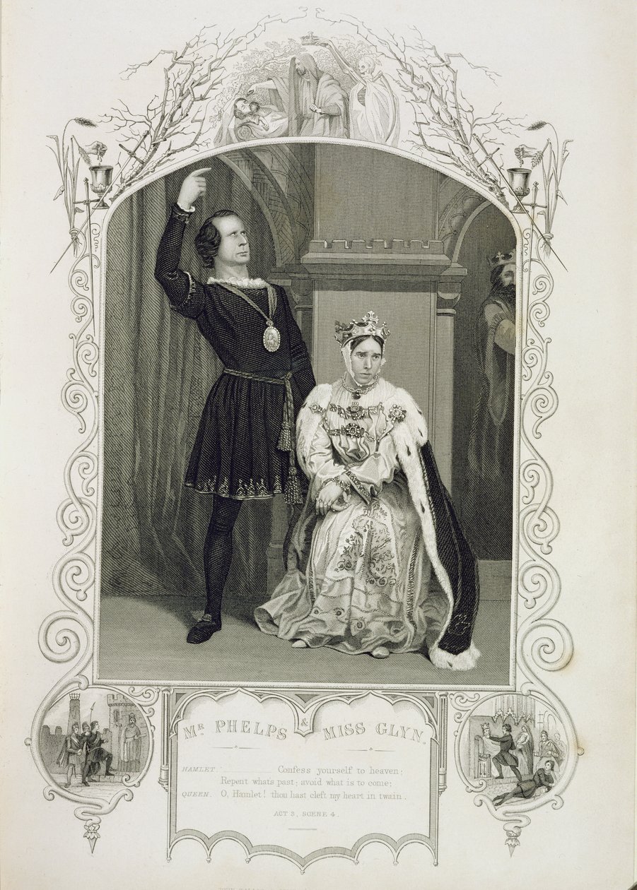 Mr Phelps som Hamlet og frøken Glyn som dronning Gertrude, akt III scene 4, i Hamlet av William Shakespeare (1564-1616) av English School