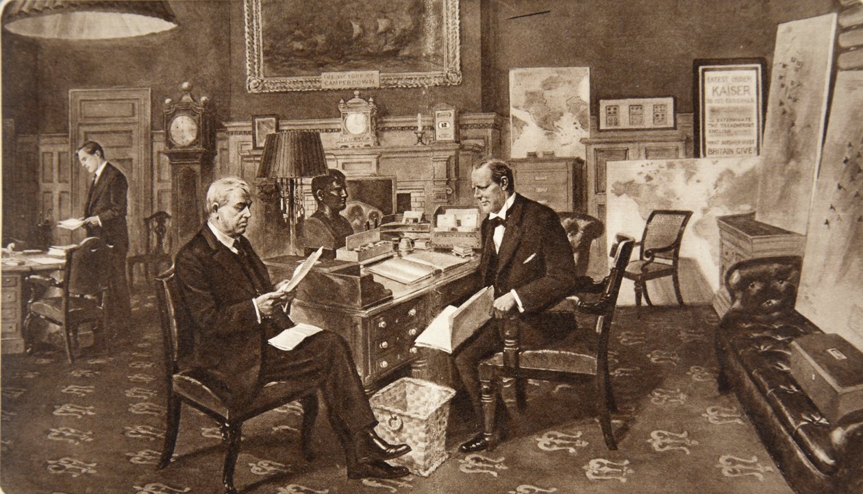 Mr. Winston Churchill på rommet sitt på Admiralitetet, i samråd med admiral av flåten Lord Fisher av Kilverstone, fra The Illustrated London News, 19. desember 1914 (fotogravyr) av English School