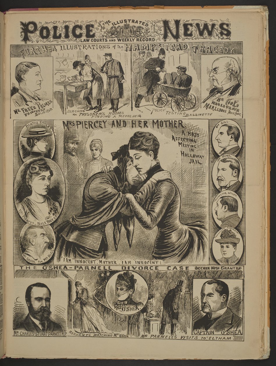 «Fru Piercey og moren hennes. Et kjærlig møte i Holloway fengsel. Jeg er uskyldig mor. Jeg er uskyldig», Illustrated Police News, 22. november 1890 (avispapir) av English School