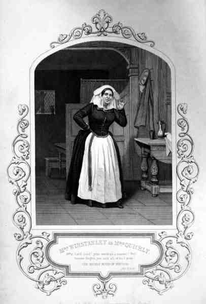 Mrs Winstanley som Mrs Quickly, Act II Scene 2, i The Merry Wives of Windsor av William Shakespeare (1564-1616) gravert av George Hollis (1792-1842) fra en daguerreotypi av J.P. Mayall (1810-1901 (gravering) av English School