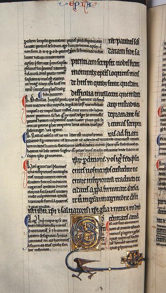 Ms.27, f.117v: Side fra en glanset kopi av Det nye testamente (vellum) av English School