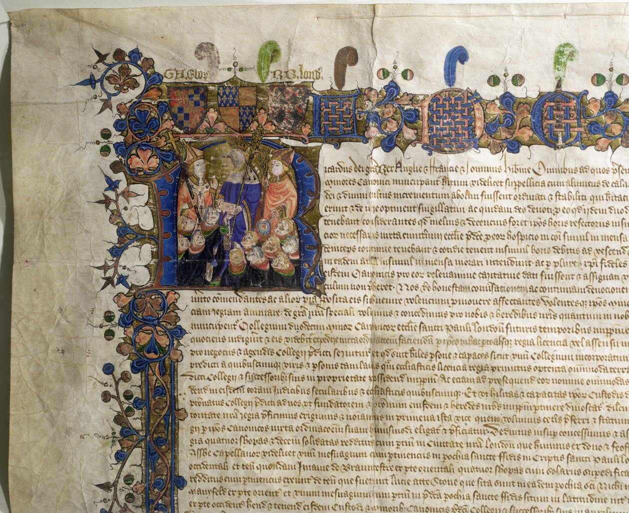 Ms.29410 Historikert initial R som viser mindre kanoner av St. Pauls Cathedral, detalj fra Royal Charter of Incorporation av English School