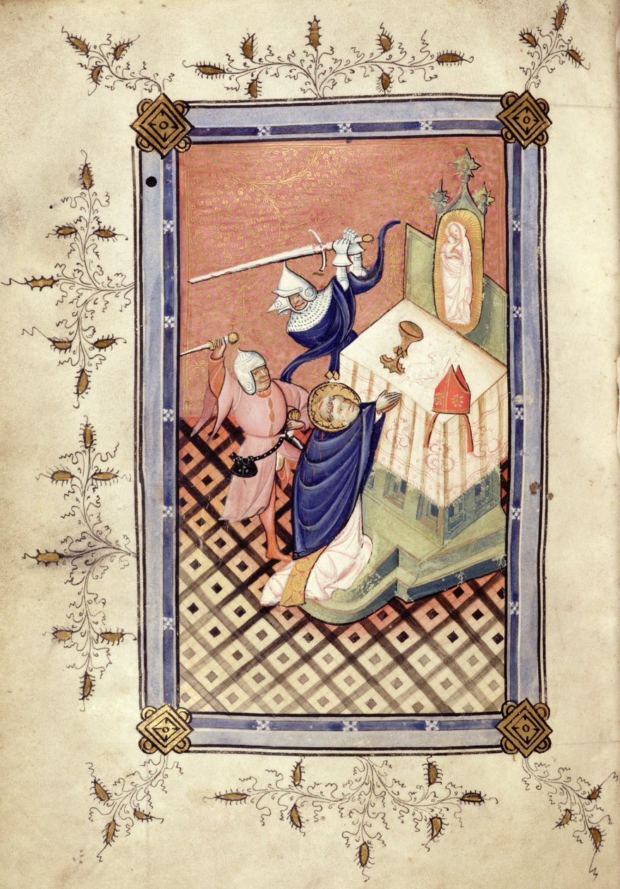 Ms.49 f.18v St. Thomas av Canterbury (ca. 1118-70) blir angrepet av to riddere, Horae, ca. 1420-30 av English School