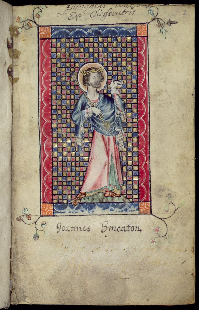 Ms 1-2005, f.1r: St. Edmund, miniatyr fra Macclesfield Psalter, Use of Sarum, East Anglia, ca. 1330 av English School