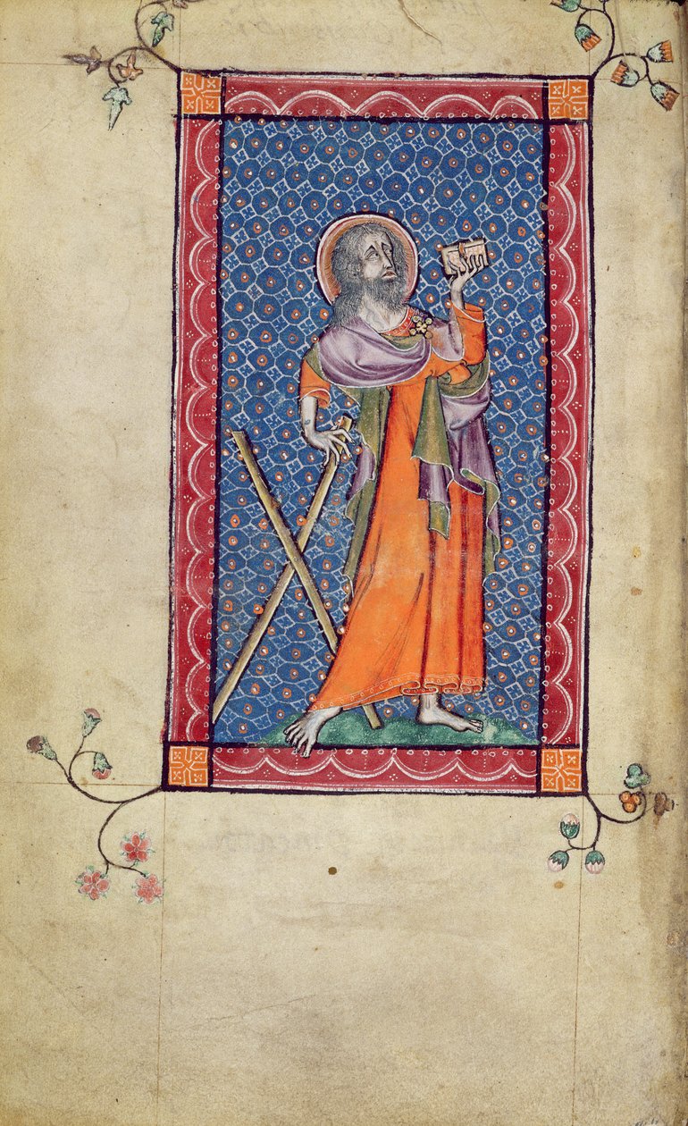 Ms 1-2005, f.1v: St. Andrew, miniatyr fra Macclesfield Psalter, Use of Sarum, East Anglia, ca. 1330 av English School