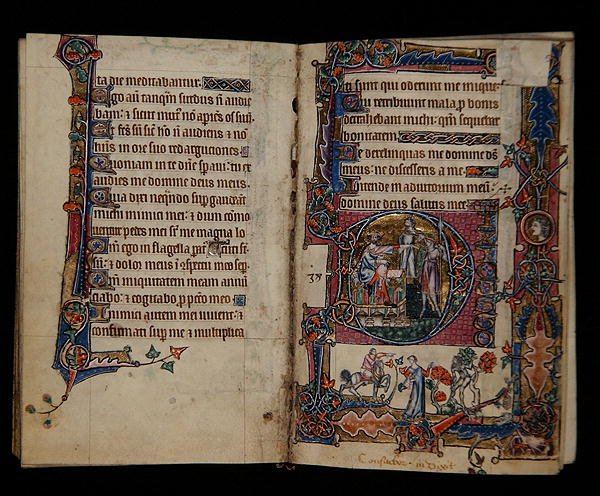 Ms 1-2005, ff.57v-58r: Saul sender Doeg for å drepe prestene i Nob, historisk initial fra Macclesfield Psalter, Use of Sarum, East Anglia, ca. 1330 (vellum) av English School